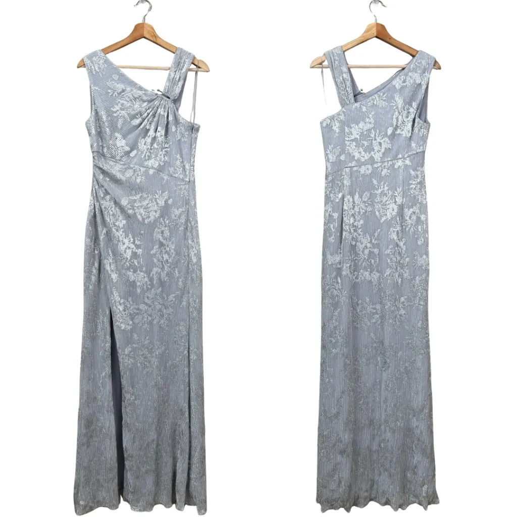 Aidan Mattox Adrianna Papell Pleated Foil Mermaid Maxi Gown Women 10 Silver NWOT - Image 3