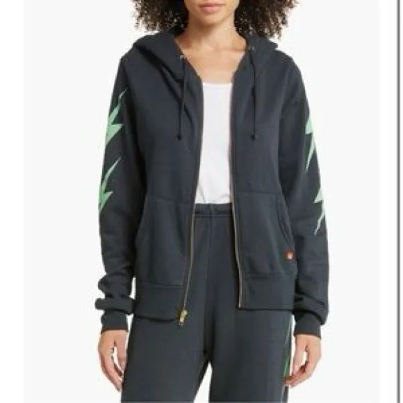 Aviator Nation 4 Bolt Relaxed Hoodie Zip Up in Charcoal Grey and Mint - Image 3