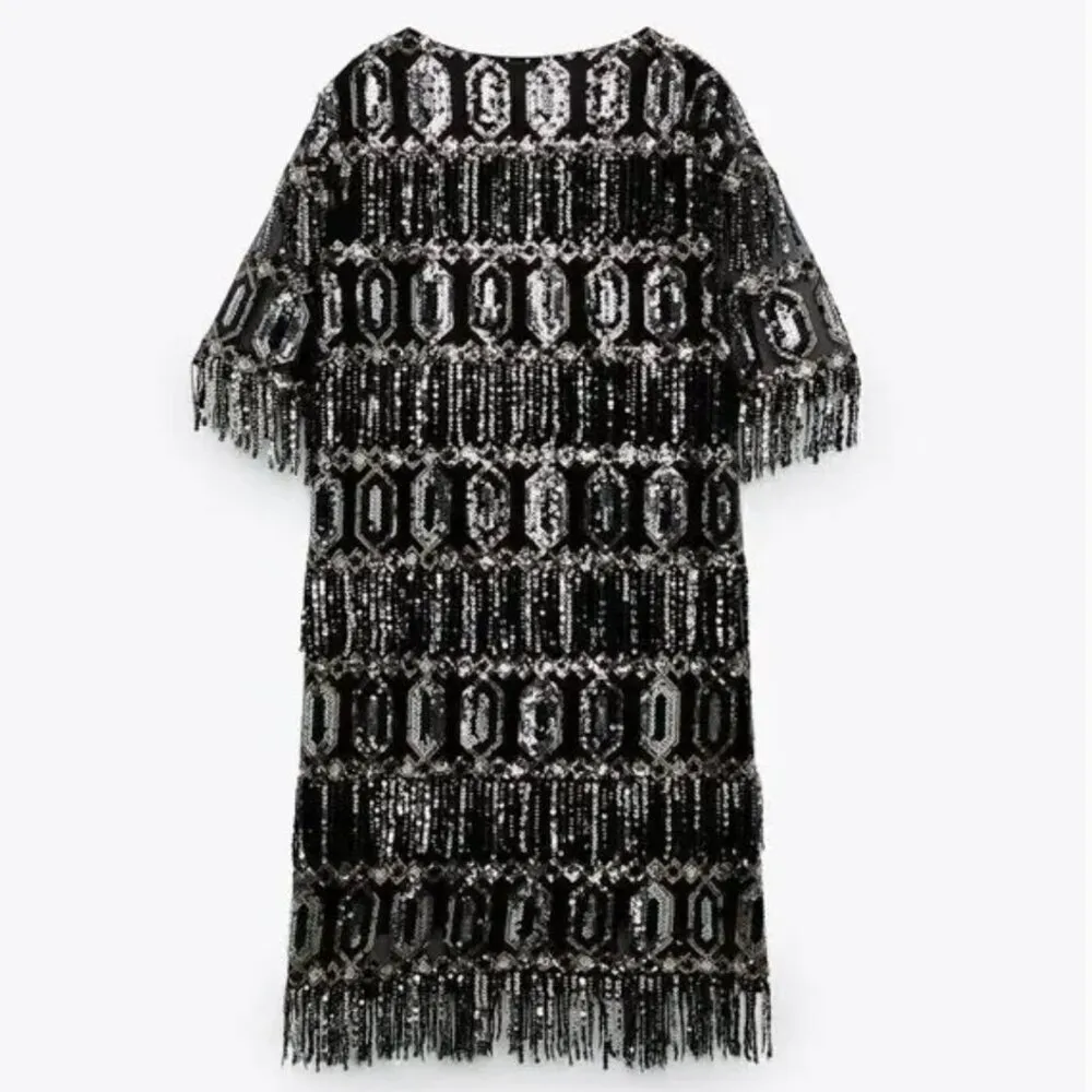 ZARA NWT SEQUINED FRINGED DRESS - small - Image 5