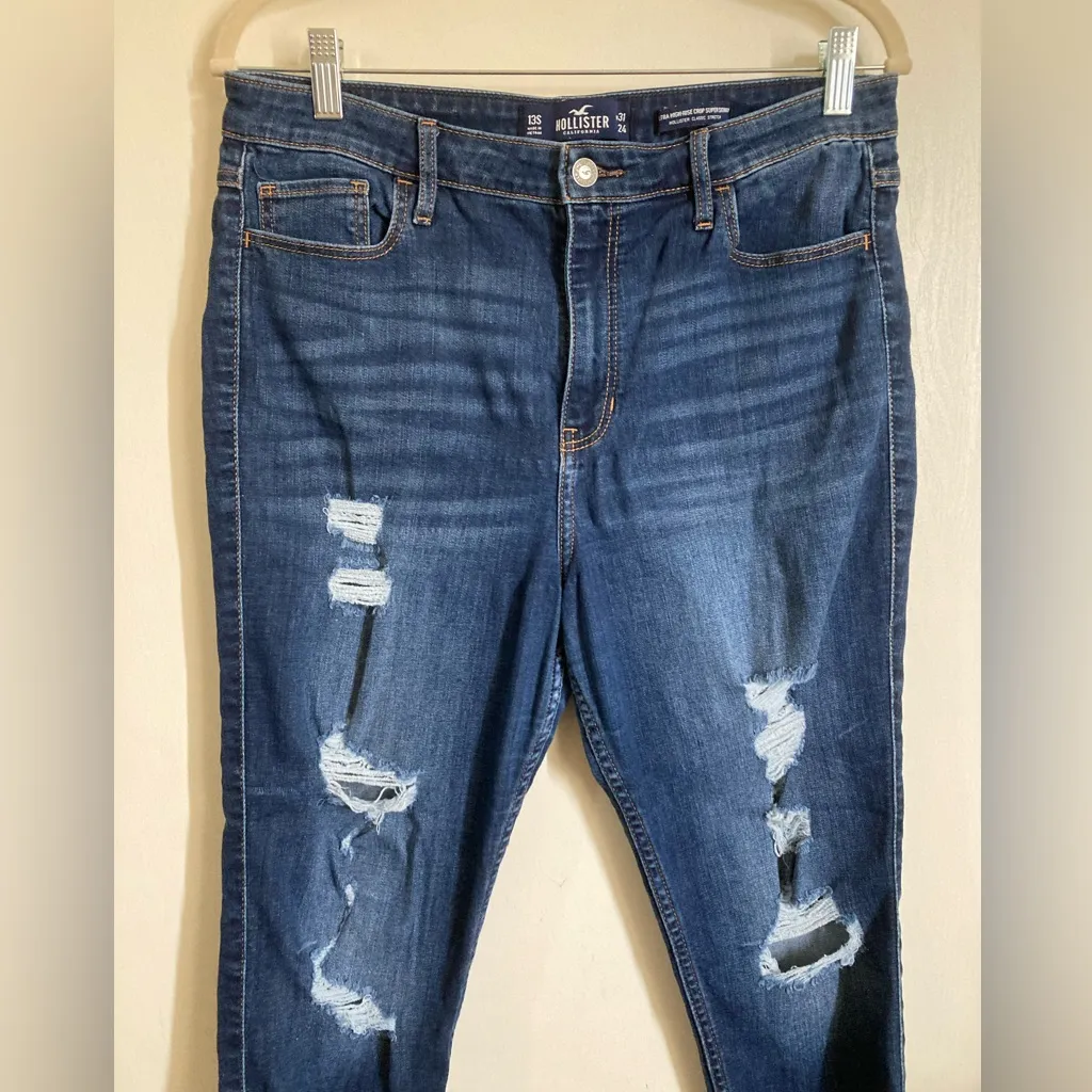 Hollister Dark Wash Ultra Hi Rise Crop Super Skinny Distressed Ripped Jeans #S - Image 4
