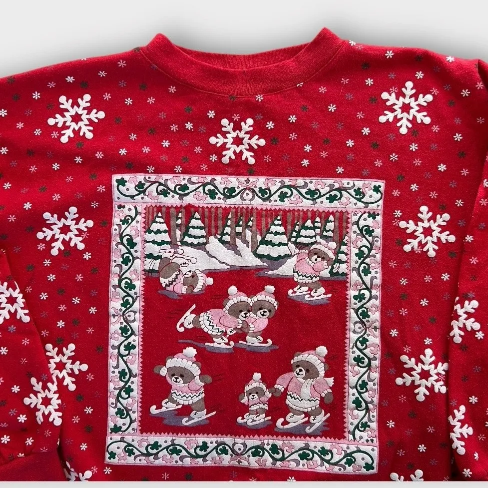 Vintage 90s Spumoni by Franko Christmas Skating Bears Sweatshirt Women's Medium Red - Image 2