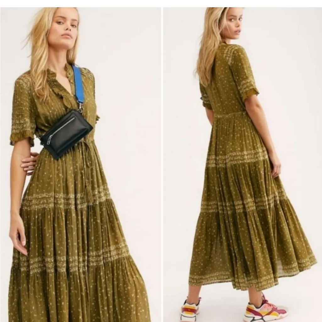 Free People Rare Feeling Maxi Dress Green Kiwi Combo Cottagecore Womens Size XS - Image 4