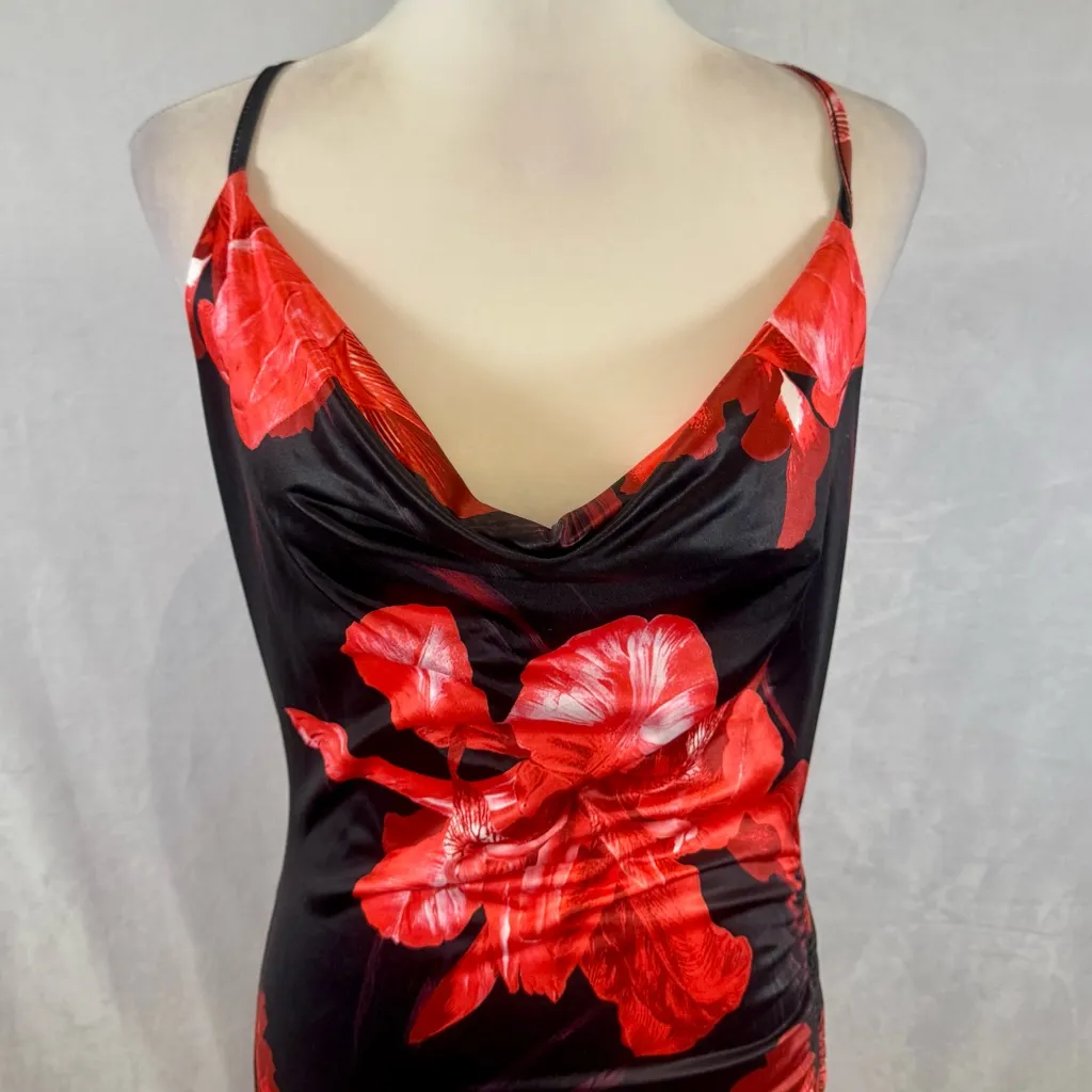 Black and red floral print ruched ruffle hem midi cami dress size large - Image 4