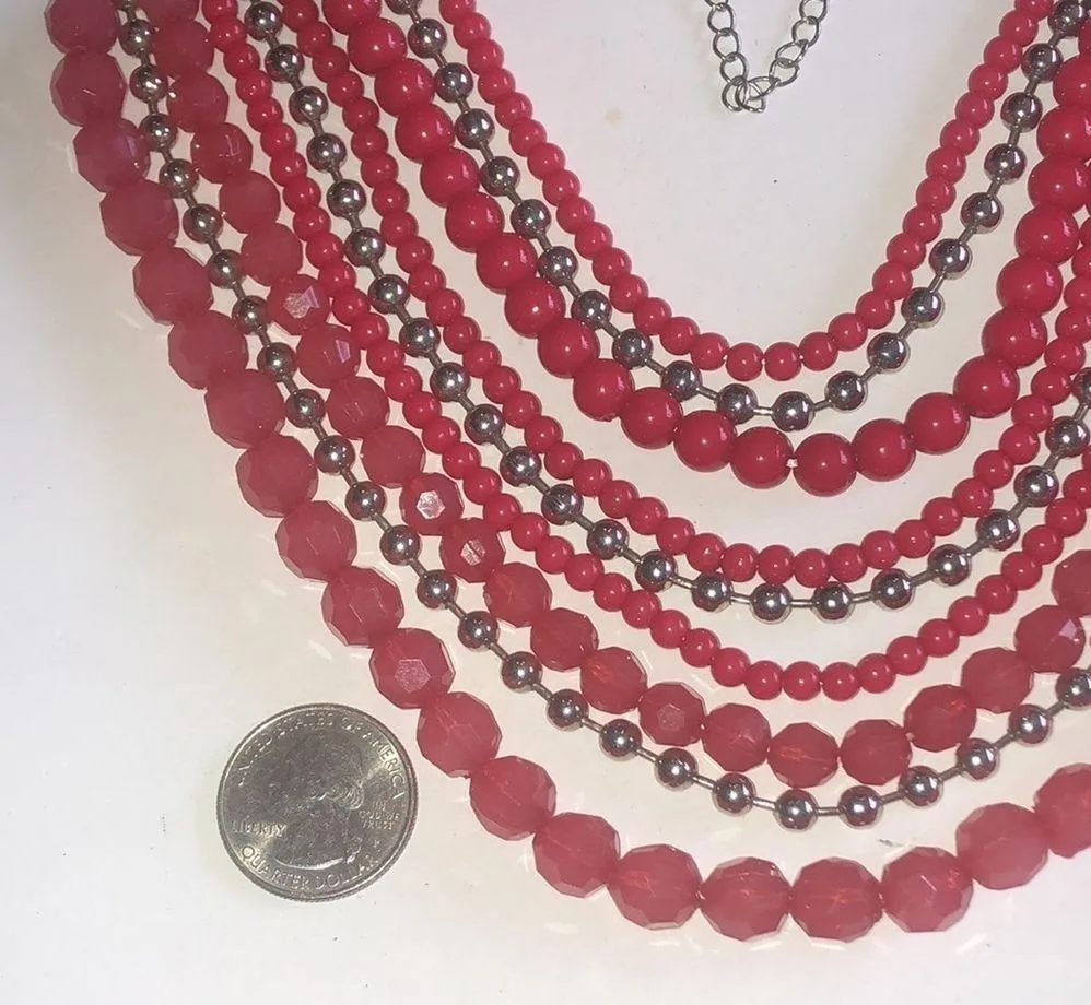 Silver Tone & Pink Multi Strand Beaded Boho Chain Retro Statement Necklace - Image 5