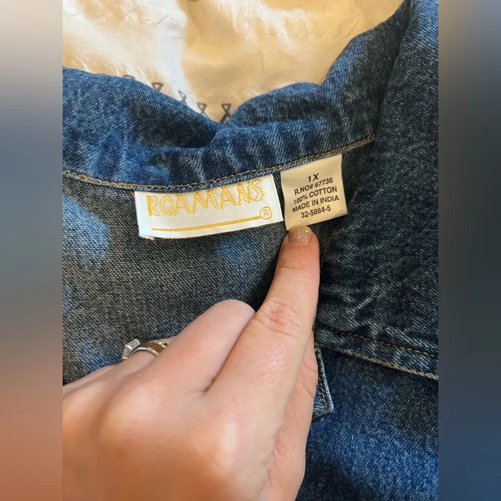 Roamans brand denim jean jacket with American flag patch on back Large 1XL Size 1X - Image 3