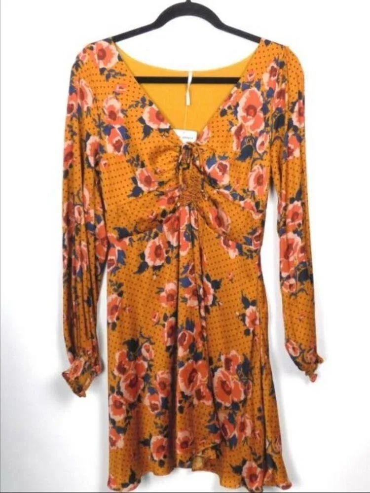 FREE PEOPLE Morning Light Floral Retro Printed Long Sleeve Mini Dress Size 0 - Image 6