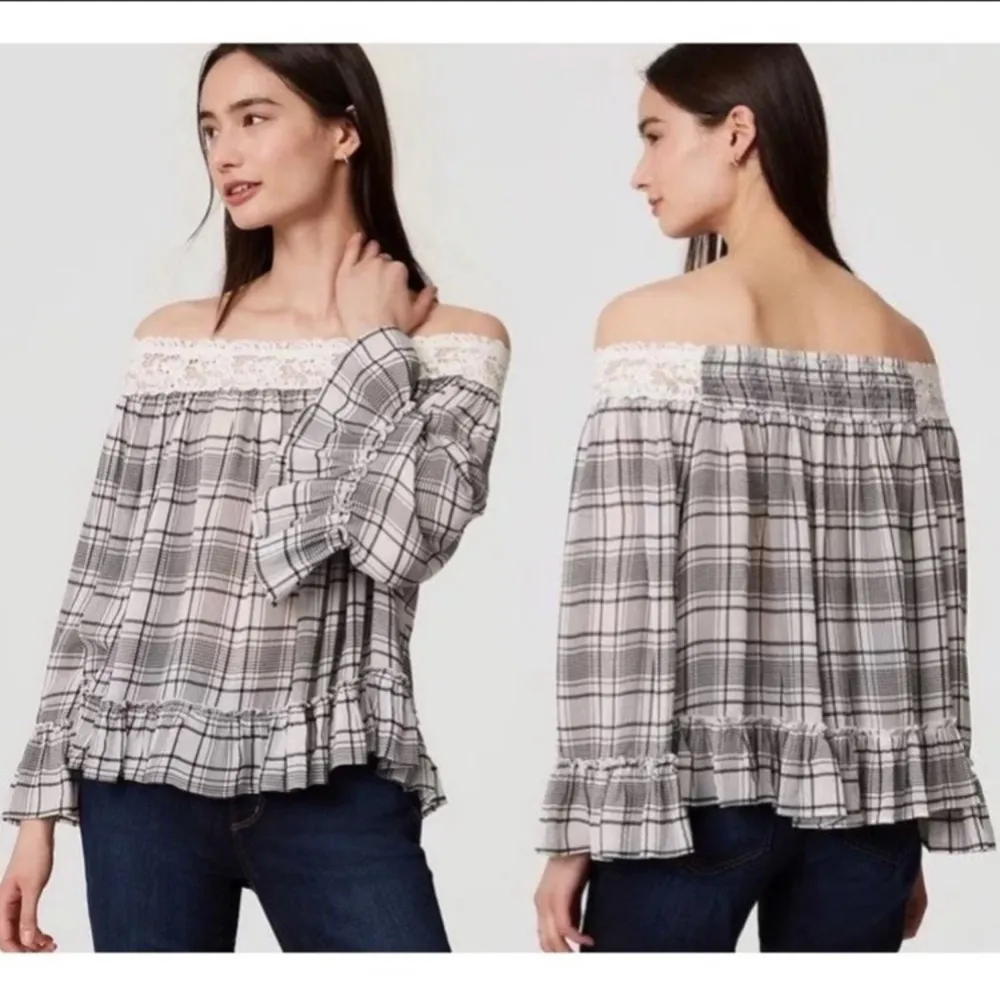 Ann Taylor LOFT Top Blouse Plaid Lace Off-The-Shoulder Top Blouse Size Medium - Image 11