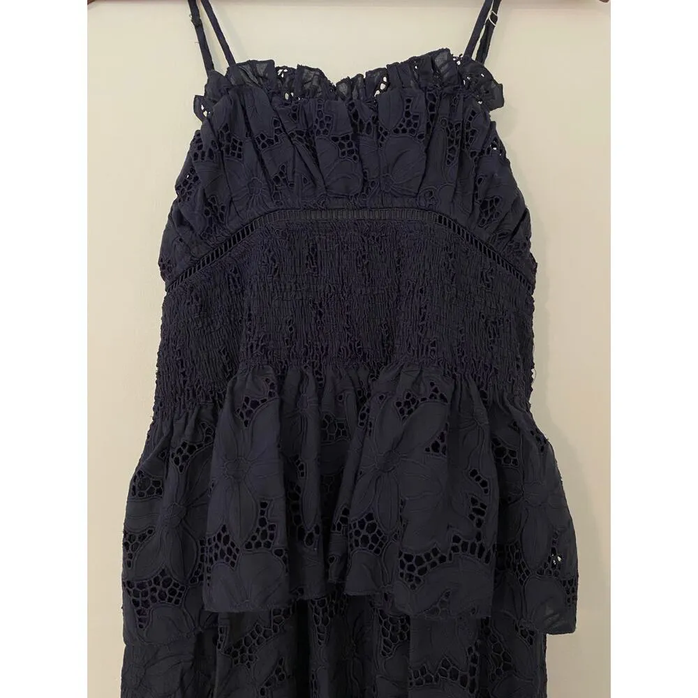 Lug Von Siga Navy Blue Eyelet Floral Tie Back Maxi Dress Smocked EUC EU 38 Size undefined - Image 8