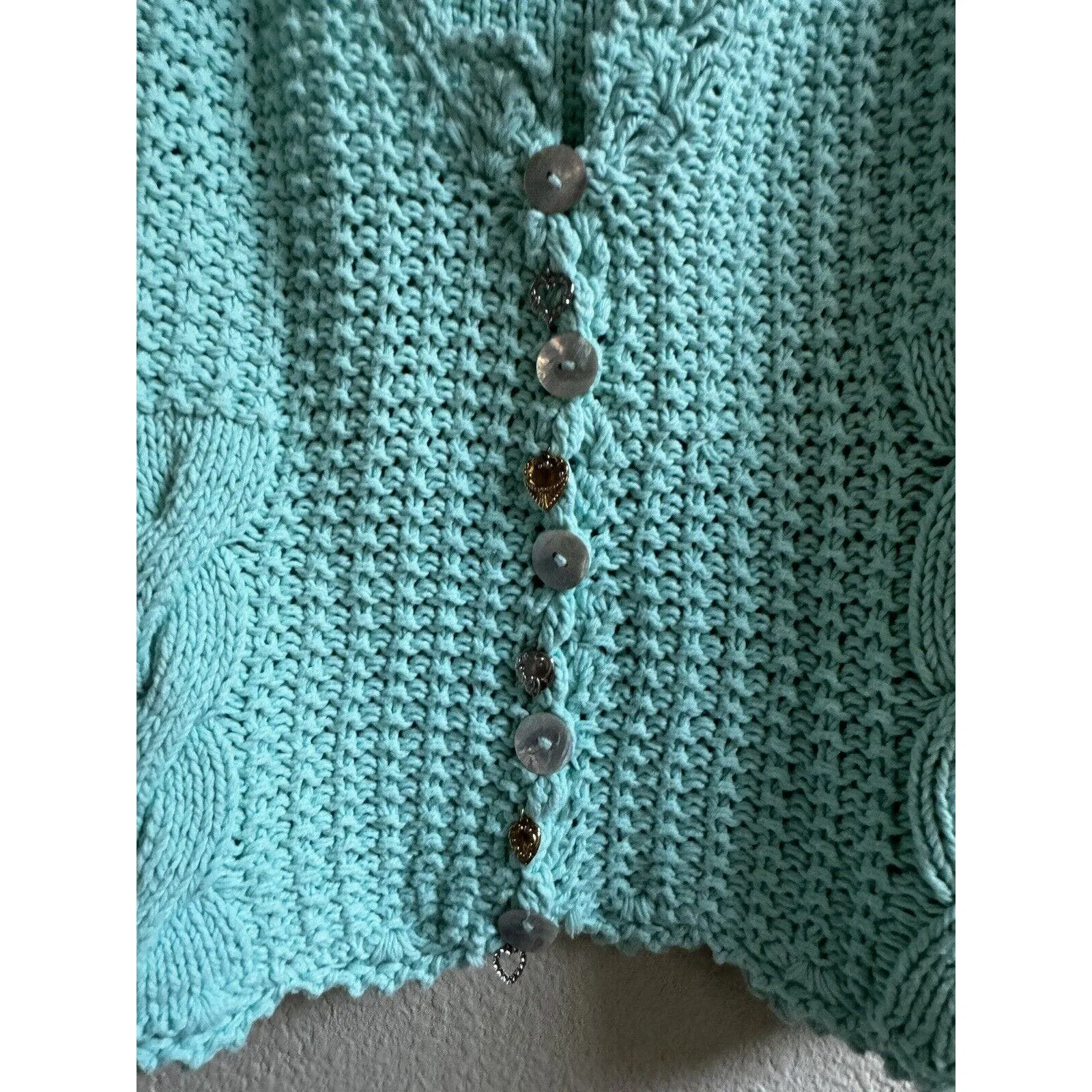 Vtg Handmade Seafoam Women’s L Chunky Knitted Sweater Cardigan Crochet‎ Cropped Green Size L - Image 3