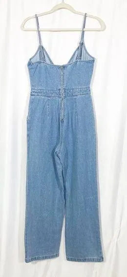 Denim Faux Wrap Surplice Straight Leg Jean Jumpsuit Overalls: Light Wash - Image 2
