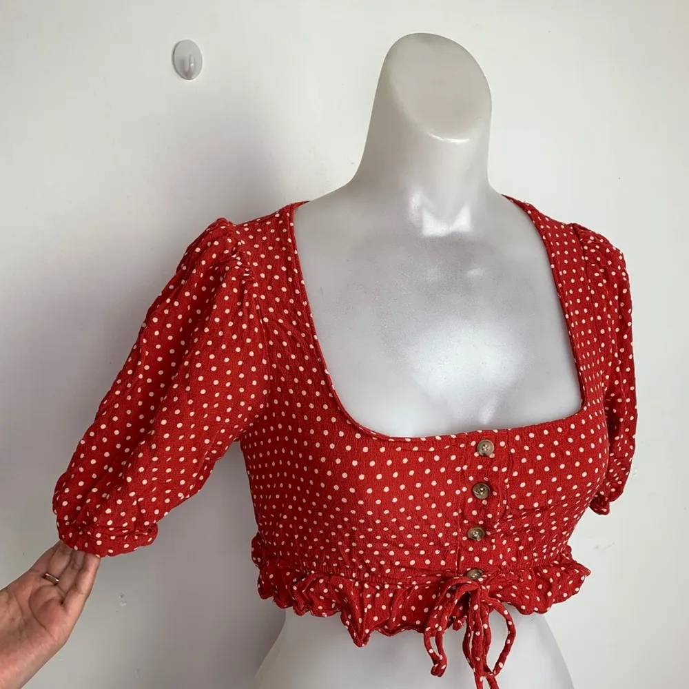 Urban Outfitters Red and White polka dot Square Neck Tie Front Top size XS - Image 4