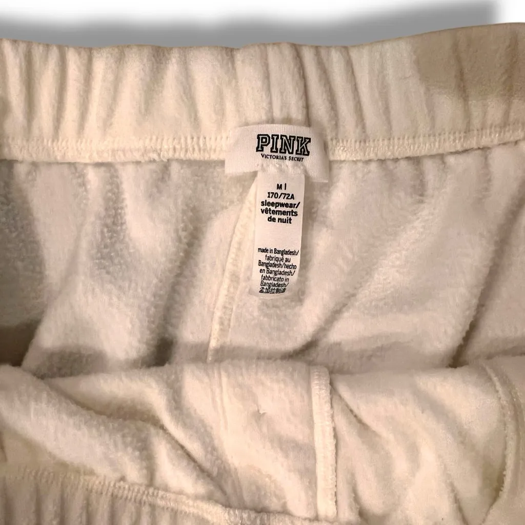 Victoria Secret PINK Polar Fleece Jogger Pajama Set Cream Sz Medium Embroidered - Image 14