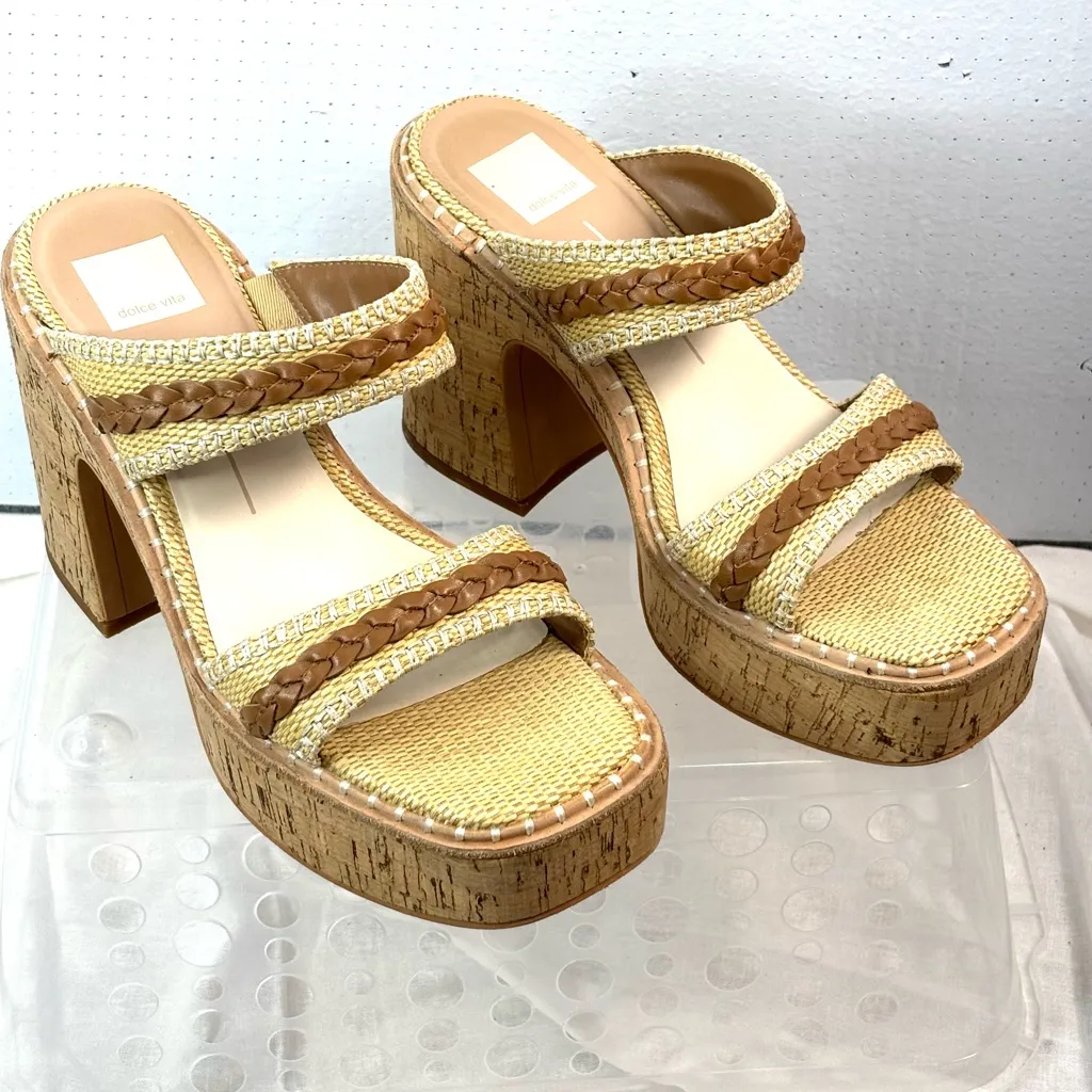 Dolce Vita 10 Platform Chunky Heeled Cork Rope Tan and Cream Summer Sandals - Image 3
