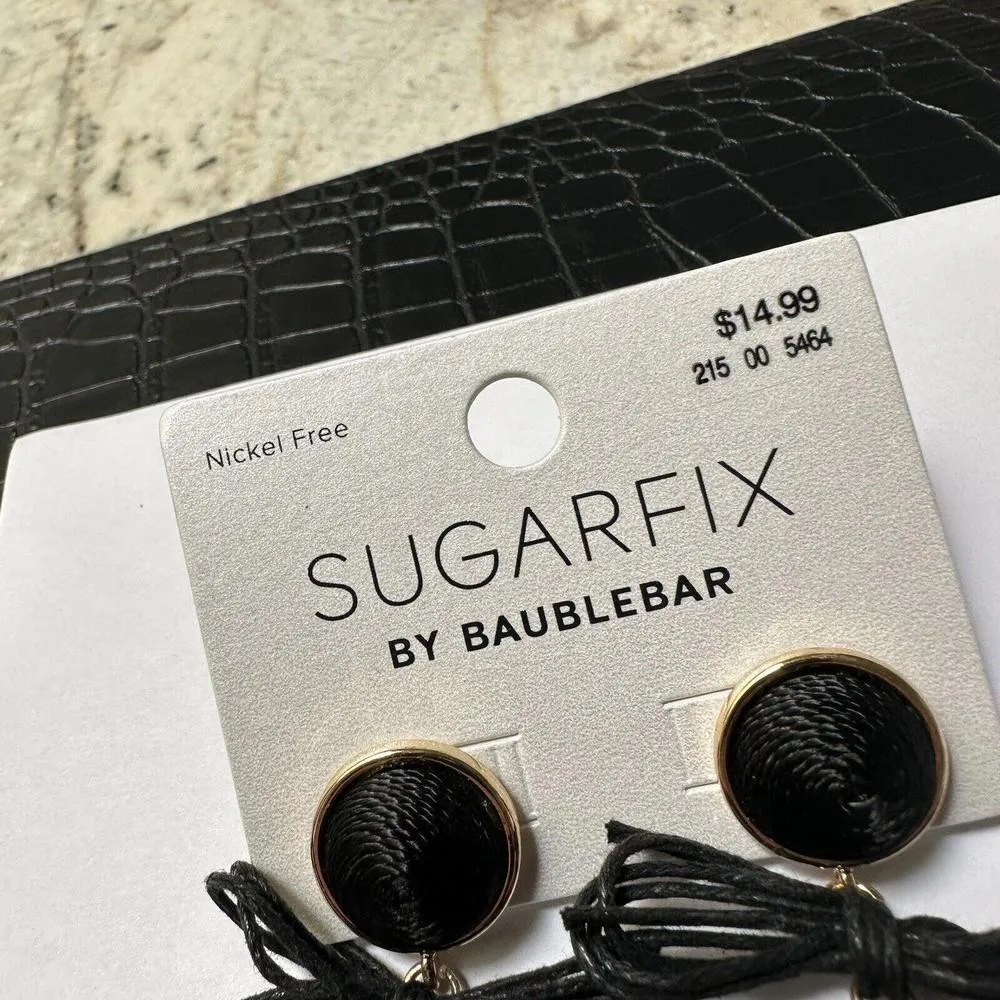 Sugar Fix Baublebar Pierced Earrings Gold Tone Black Cloth Wrap Dangle Drop NWT - Image 3