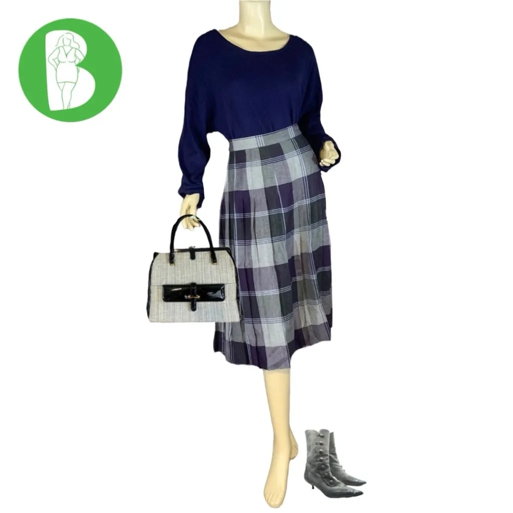 VINTAGE 1980'S TAN JAY GRAY & PURPLE PLAID FULL PLEATED SKIRT (16) - Image 2