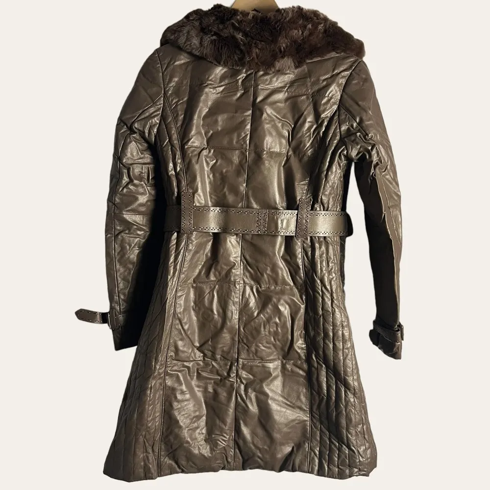 Vintage Bronze Brown Sheepskin Leather Fur Collar Belted Coat Size M Size M - Image 9