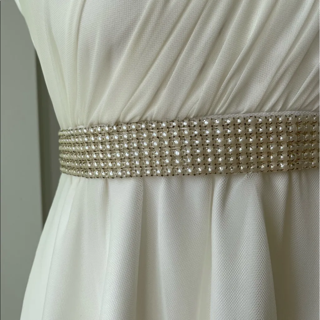 Vintage Y2K Tiger Lily Ivory Strapless Chiffon Mini Dress Pearl Embellished Sz M - Image 5