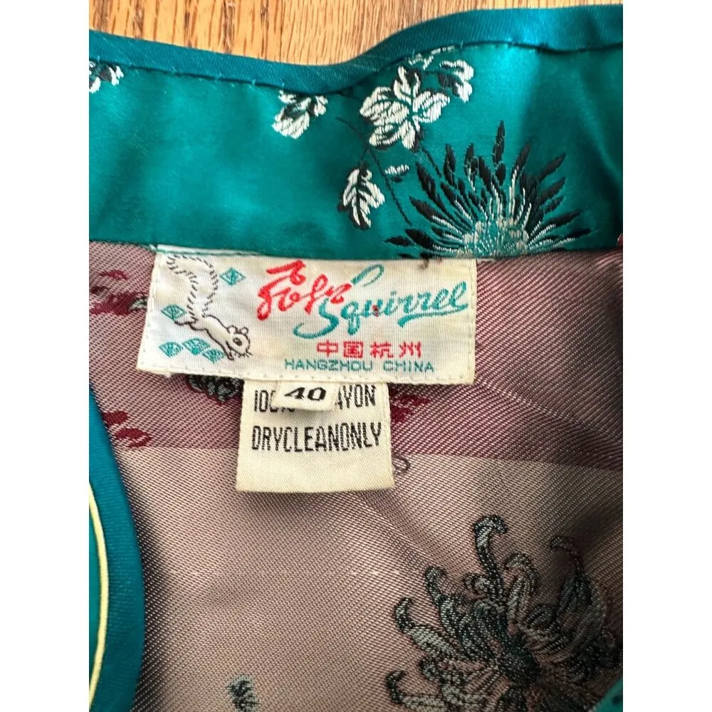 Vintage Teal Chinese Silk Floral Blouse Short Sleeve Size 40 By Folk Squirrel Green - Image 9