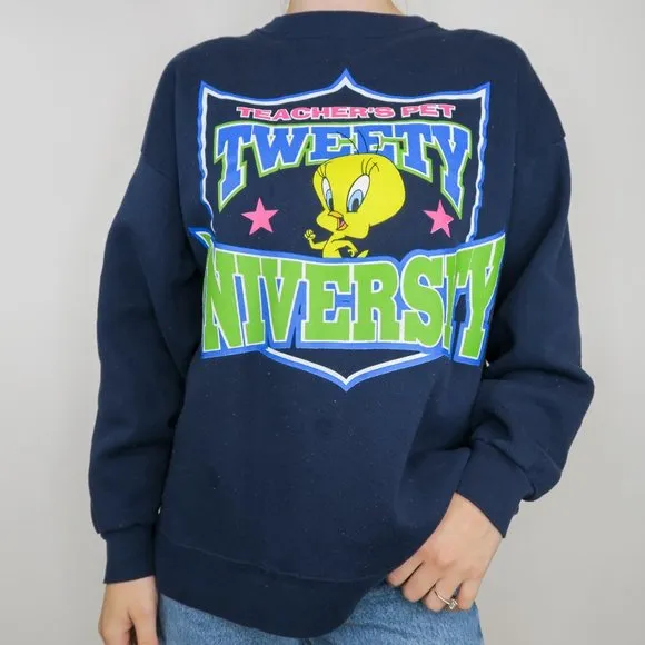 Vintage 90s Teachers Pet Tweety University Sweatshirt Size L - Image 1