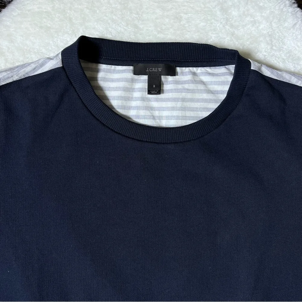 J Crew Navy Jersey Crew Neck Sweater with Stripe Cotton Button Down Back - Image 2