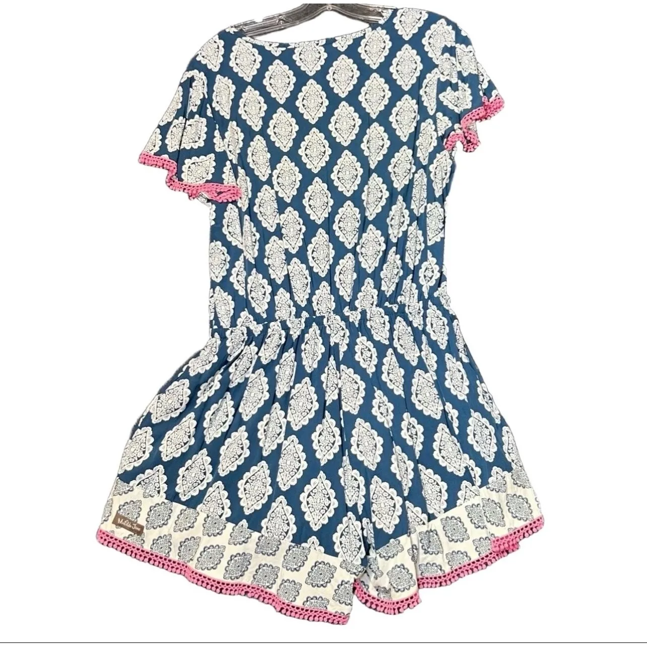 Matilda Jane Shorts Romper Womens Medium Blue White Patterned Tassels Vacation - Image 3