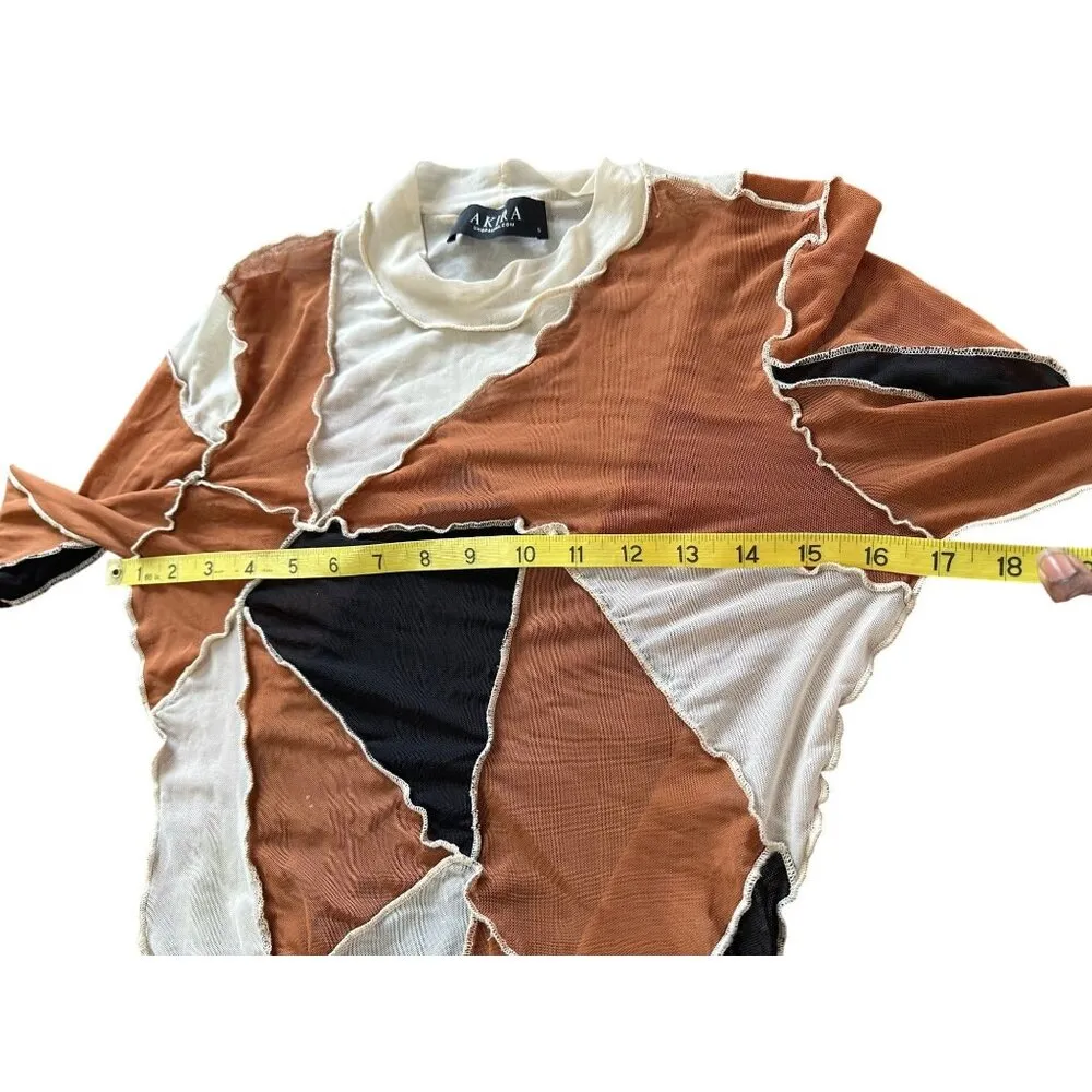 Akira Patchwork Long Sleeve Sheer Bodysuit Stretchy Top Abstract Design Size S - Image 5