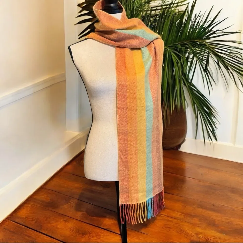 VINTAGE 100% Cashmere Striped Scarf – Made in England – 11.5” x 71” Orange - Image 2