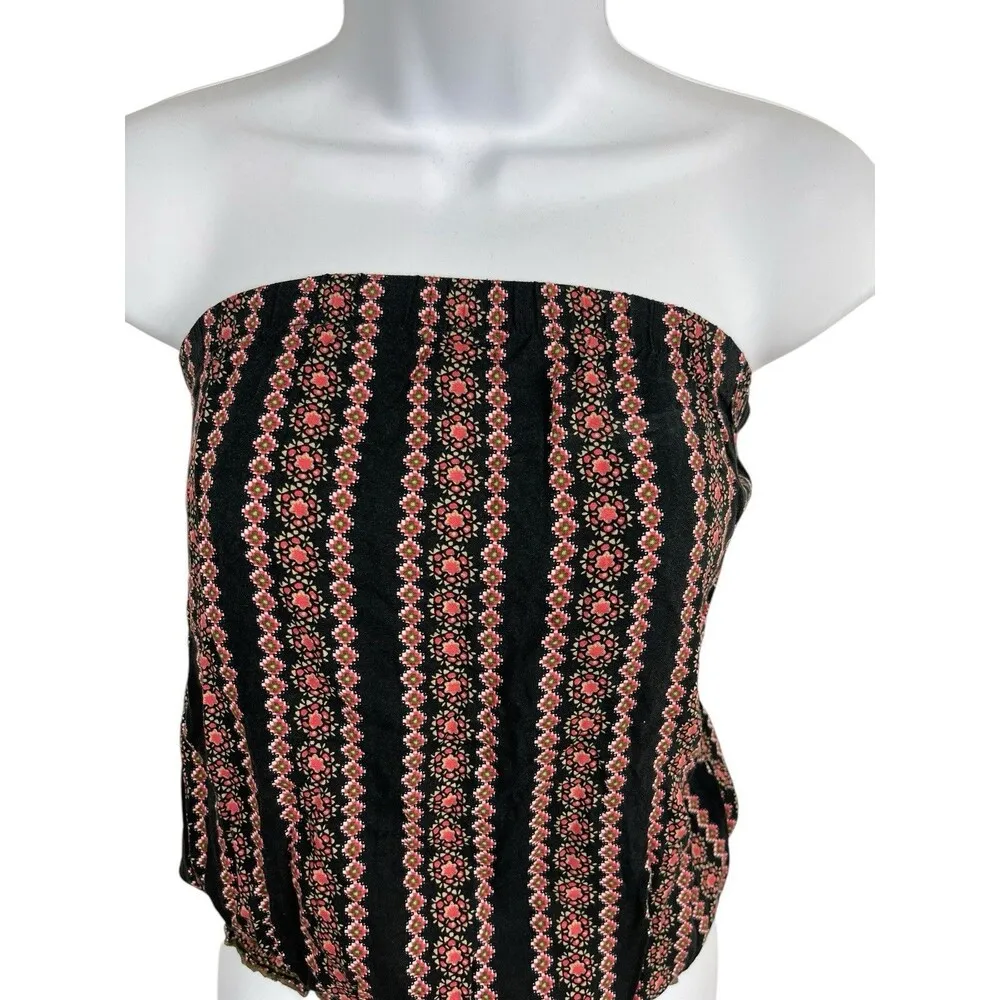 Kirra Pacsun Strapless Blouson Tube Top Black Pink Striped Floral Top XS - Image 2