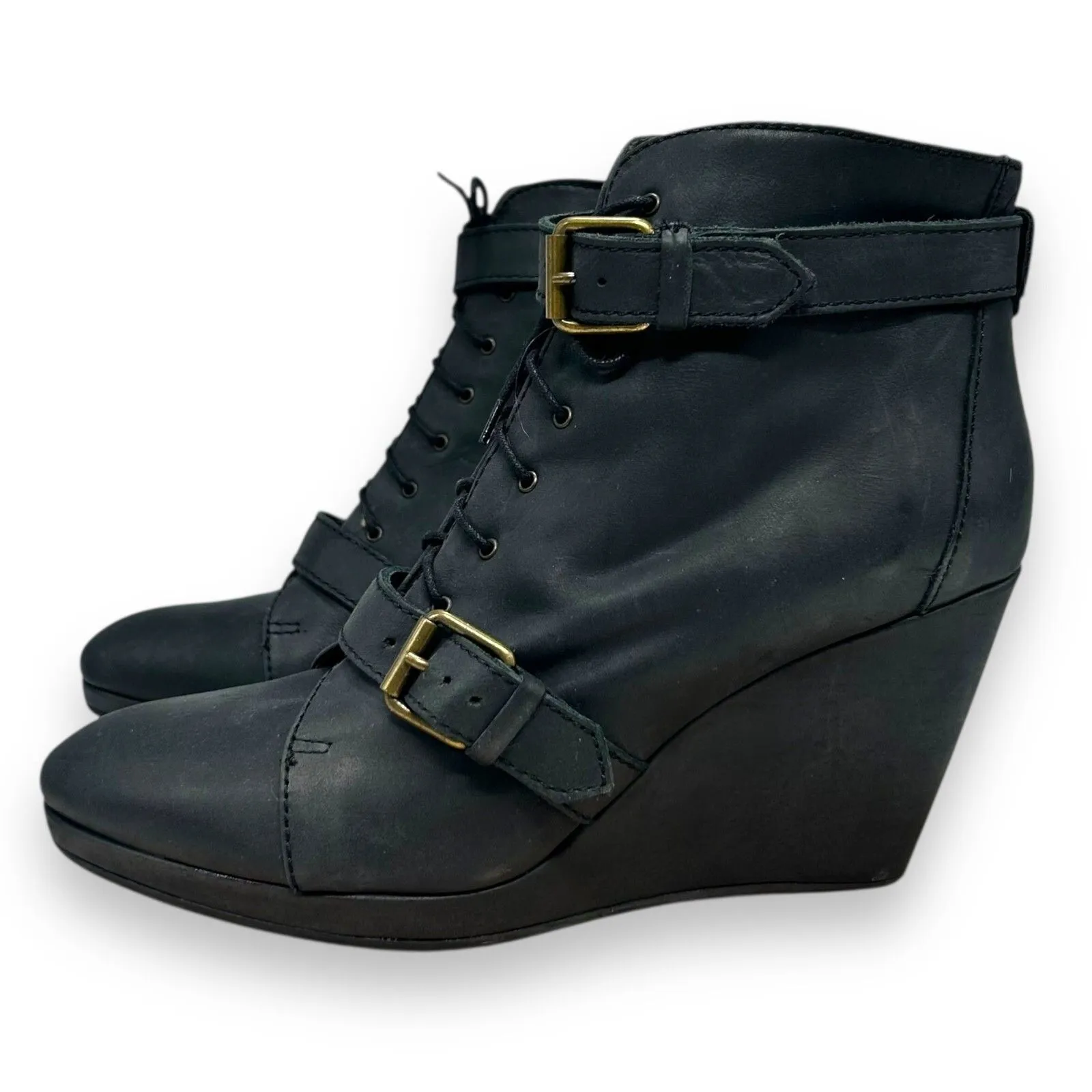 MADEWELL 1937 Wedge Boot Women 10  Black-ish Leather Chukka Buckle 3.5"‎ Heel - Image 3
