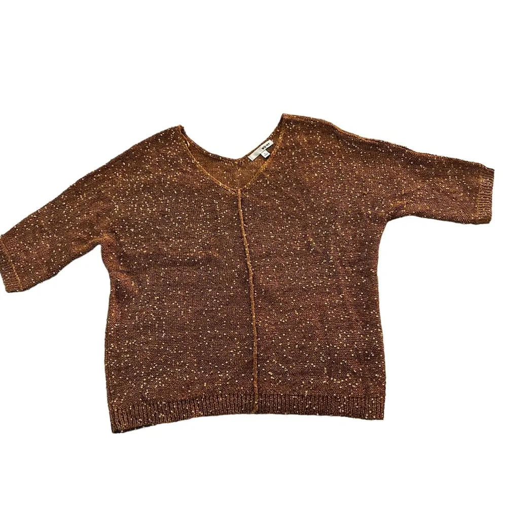 WD.NY Sparkly Sequins Brown & Gold Short Drop Sleeve V-Neck Sweater - Image 7