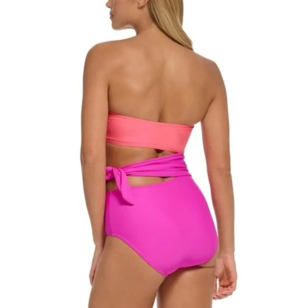DKNY One Piece Swimsuit Removable Strap Cutouts Tie Waist Colorblock Pink 12 - Image 2
