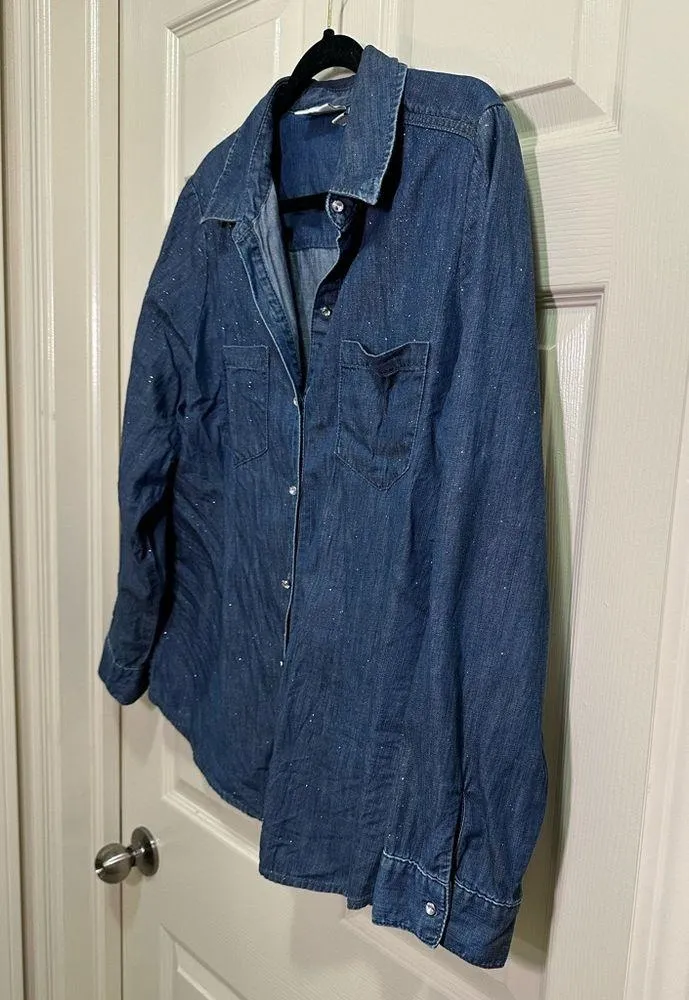 Women’s Chico’s long sleeve button down shirt chambray blue sparkle plus size 2 - Image 2