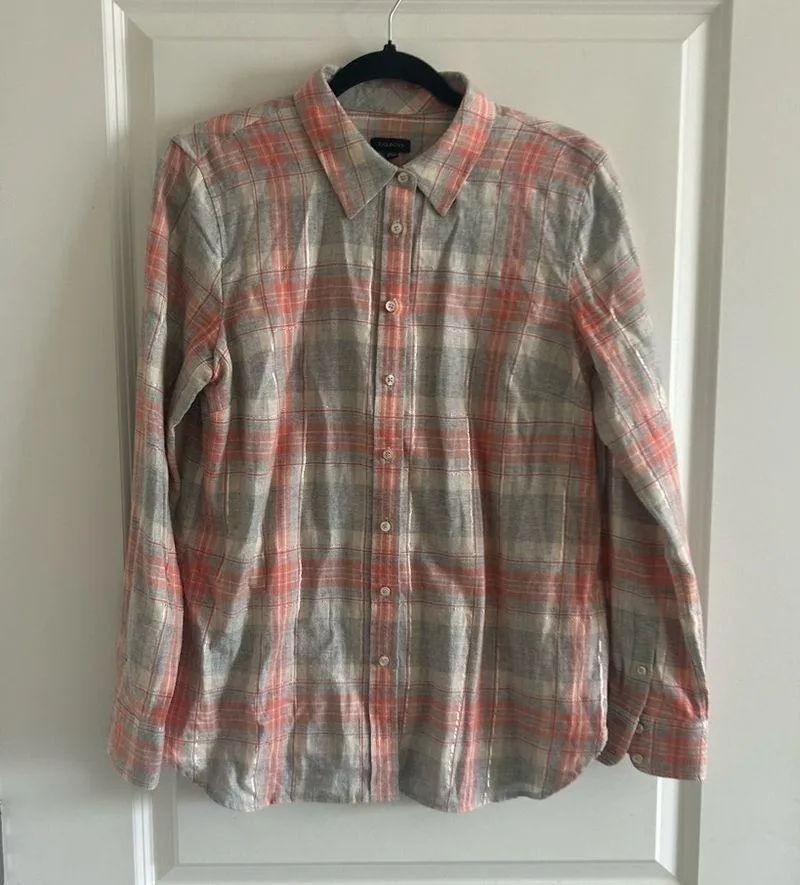 Talbots Metallic Button Front Shirt Dazzling Plaid, Coral And Grey , Siz… - Image 5