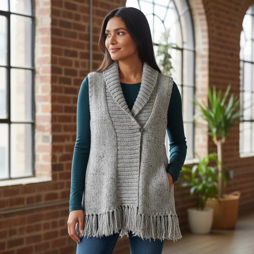 Charter Club Petite Gray Knit Fringe Vest Shawl Collar Button Front P/S - Image 3