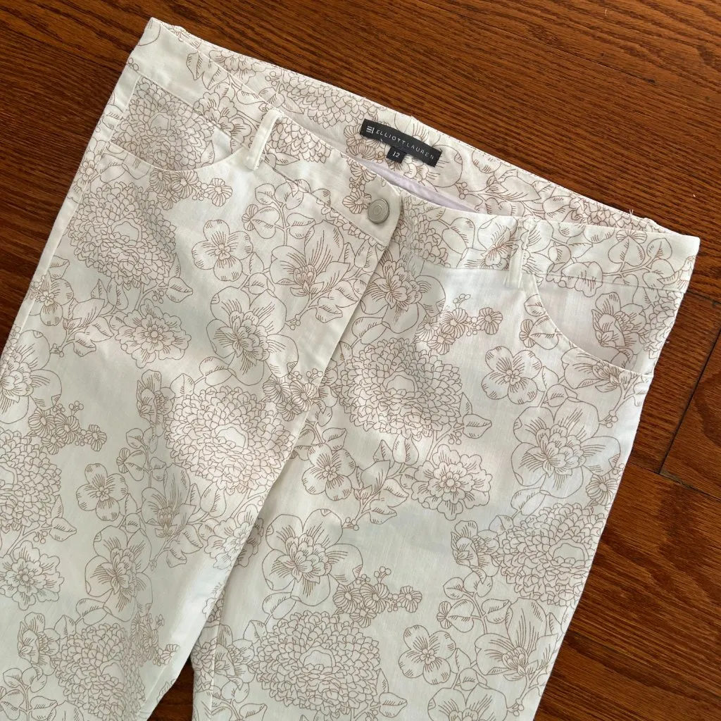 Elliott Lauren Size 12 Ivory Denim Brown Floral Straight Leg Cropped Jeans Tan - Image 5