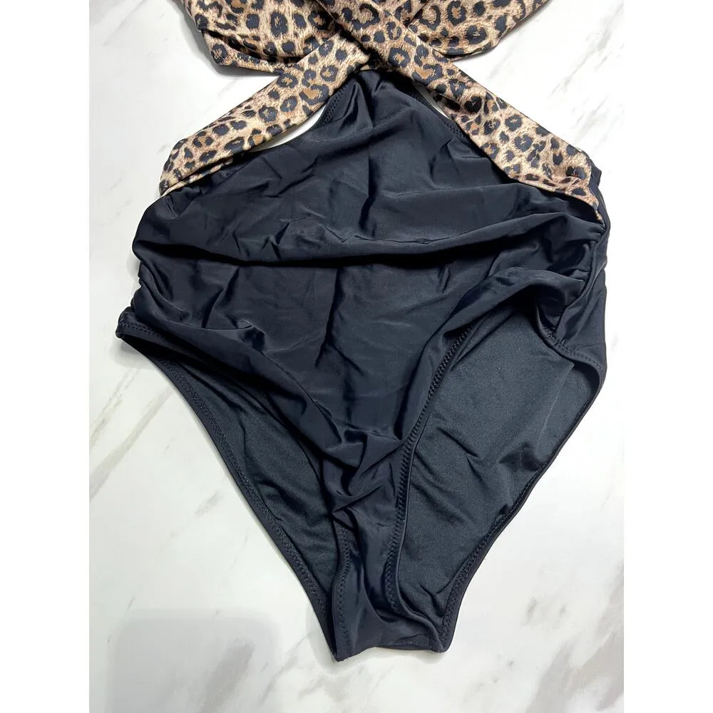 Leopard Printed One Piece Swimsuit Cut outs Criss cross Rouching Built in Bra Black Size M - Image 4