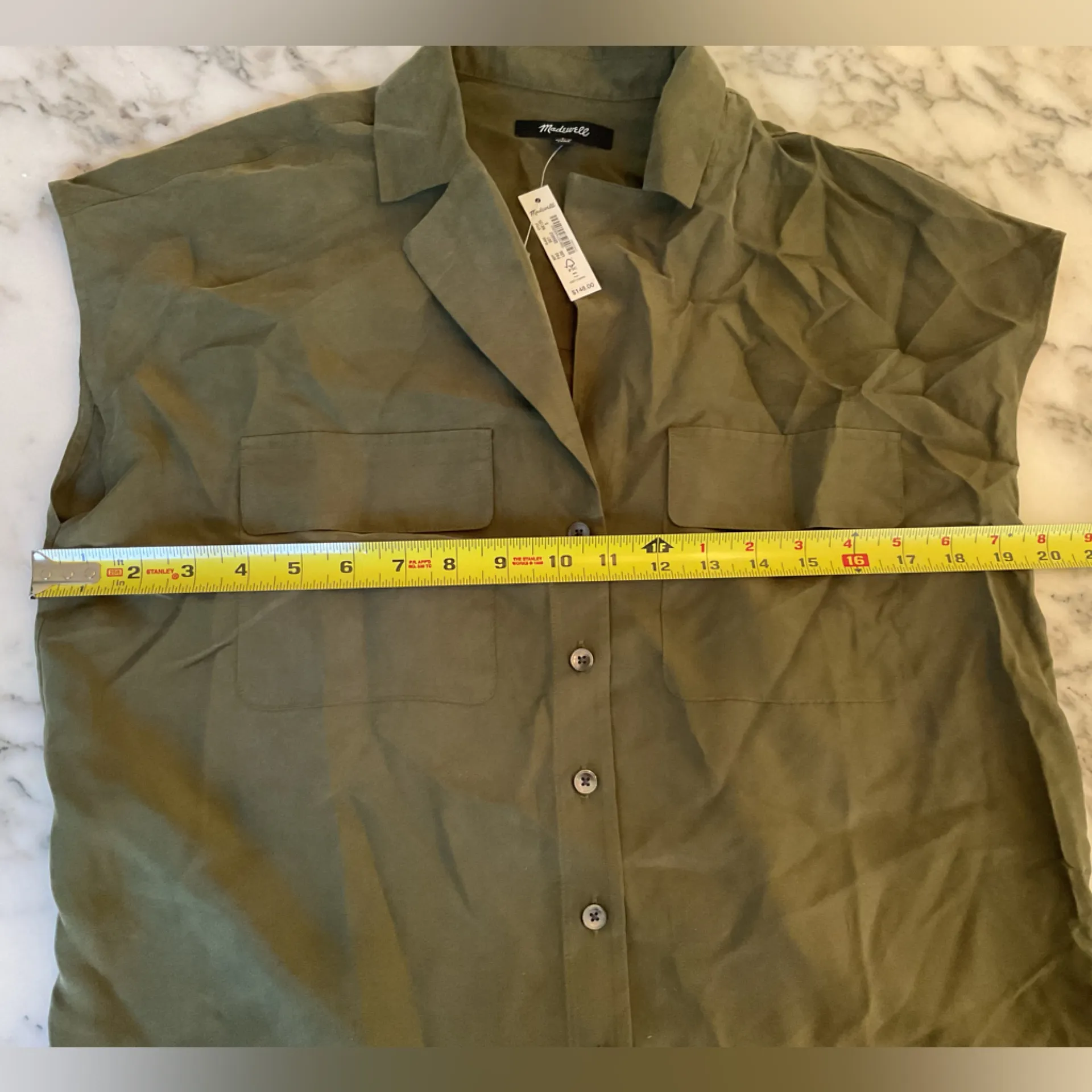 NWT Madewell Washable Silk Drapey Patch Pocket Sleeveless Shirt Loden Green Sz S - Image 8