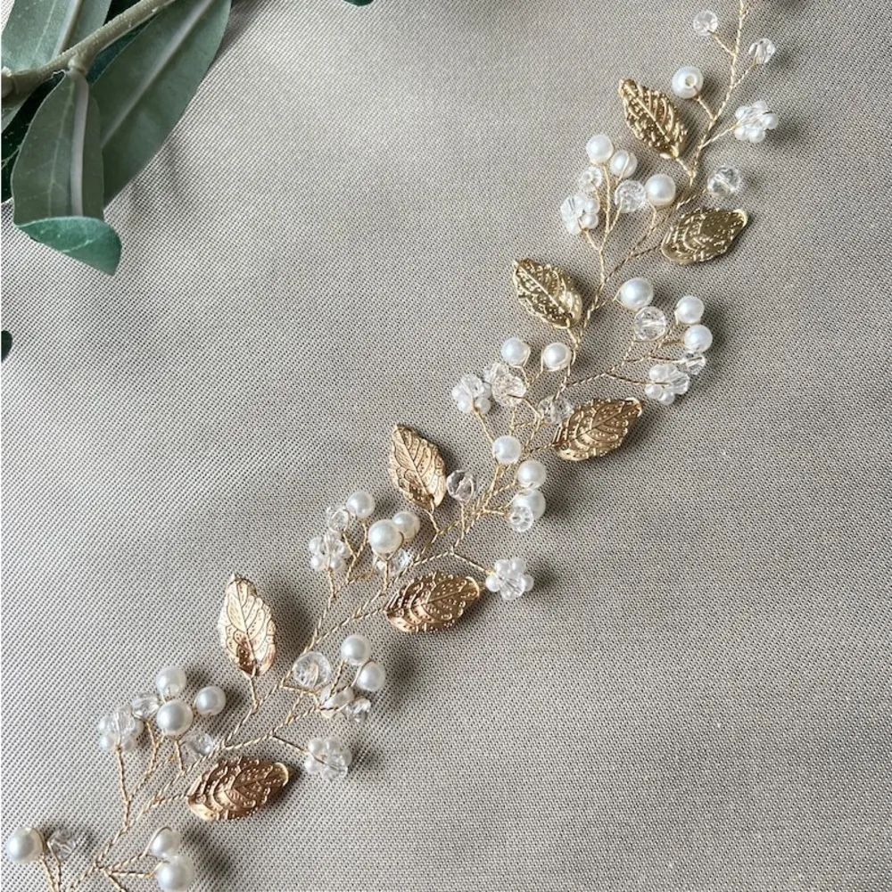 Bridal hair accessories, gold with pearls, flowers and leaves, jewelry, hairband - Image 6