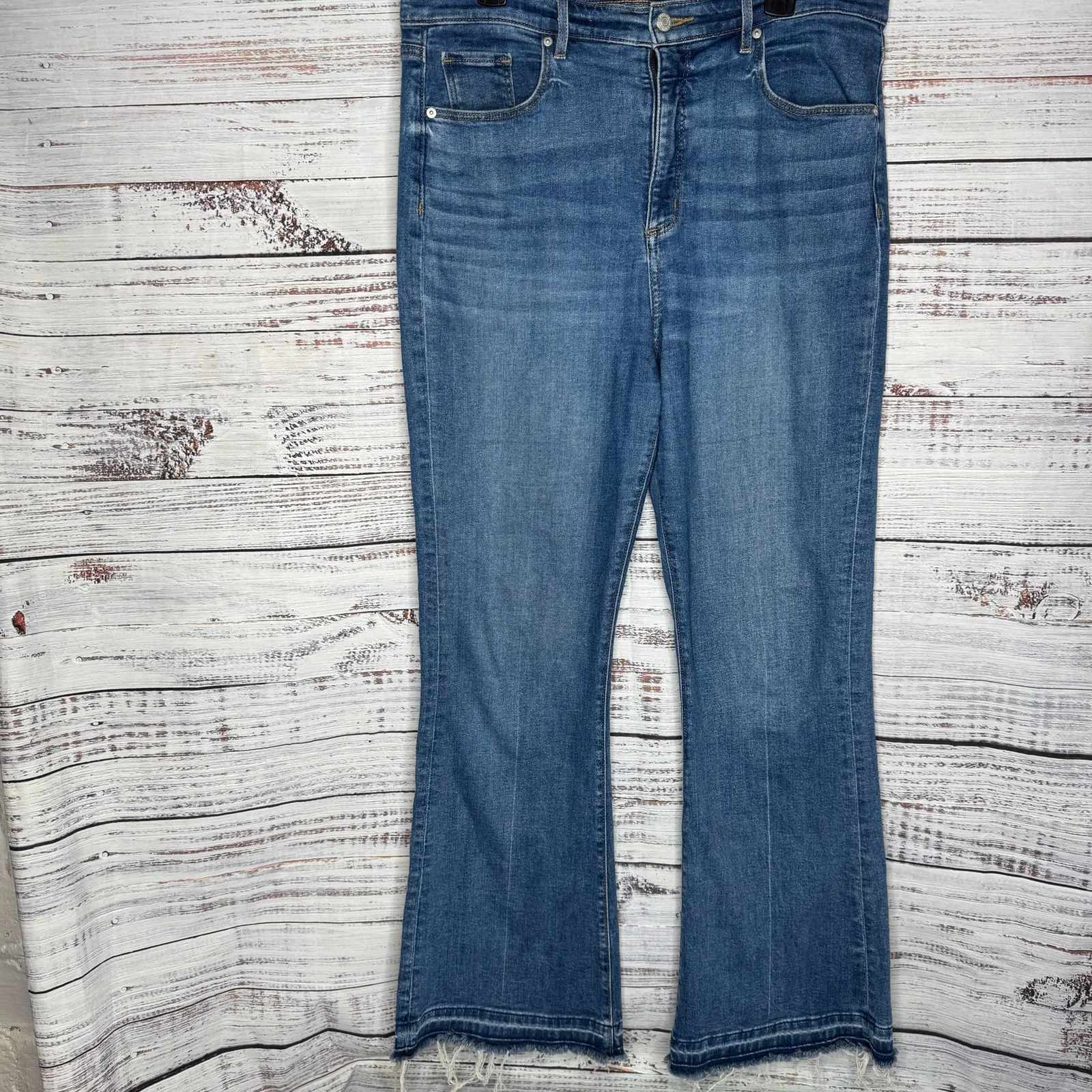 LOFT Slim Flare Jeans Women’s Size 14 / 32 Blue Denim Raw Hem - Image 2