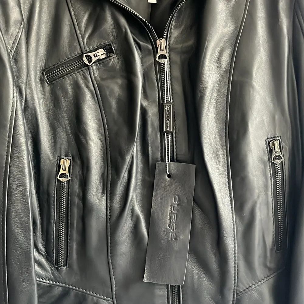 Italian Black Leather Zip Up Jacket Made by‎ CURGÈ size Woman LG or EU 46 NWT W6 - Image 5