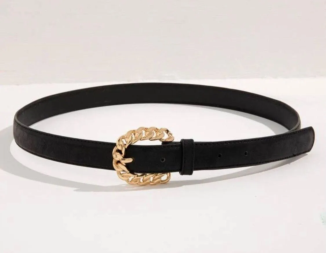 NWT Black Faux Leather Belt W Chain Design Buckle - Image 2