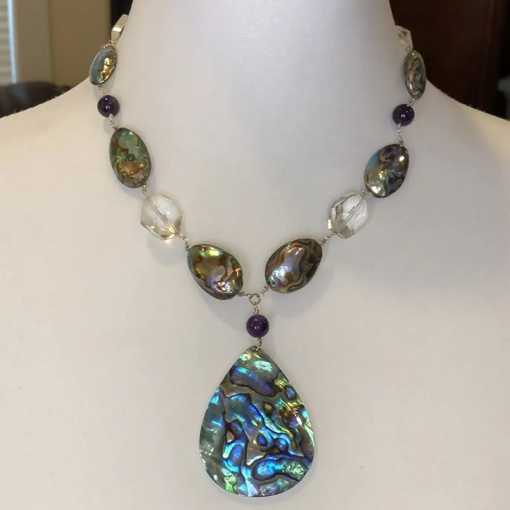 Vintage Abalone Amethyst Crystal Necklace with Abalone Teardrop Pendant - Image 12
