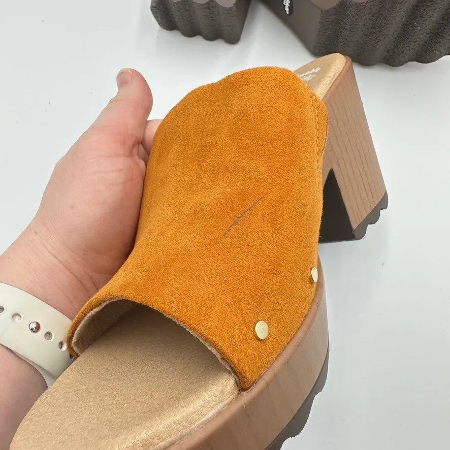 Dr Scholls Women Orange Brown Faux Suede Platform Wedge Clogs Shoes Size 9M - Image 5