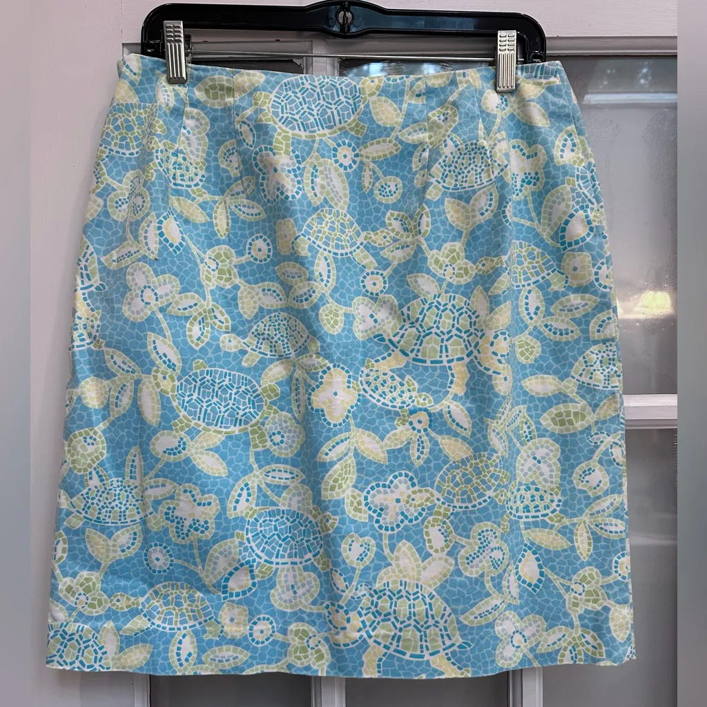 Talbots Blue Yellow Art To Wear Mosaic Sea Turtles A-Line Cotton Skirt Size 12 L - Image 2