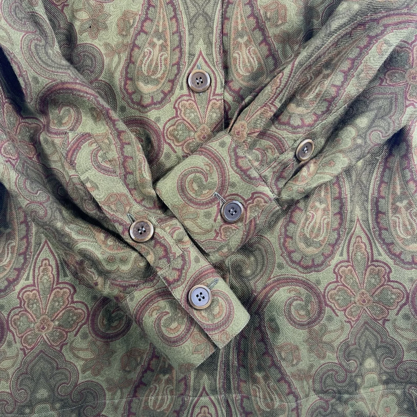 Escada 34 US S Top Blouse Gold Paisley Wool Silk Shirt Margaretha Ley Designer - Image 6