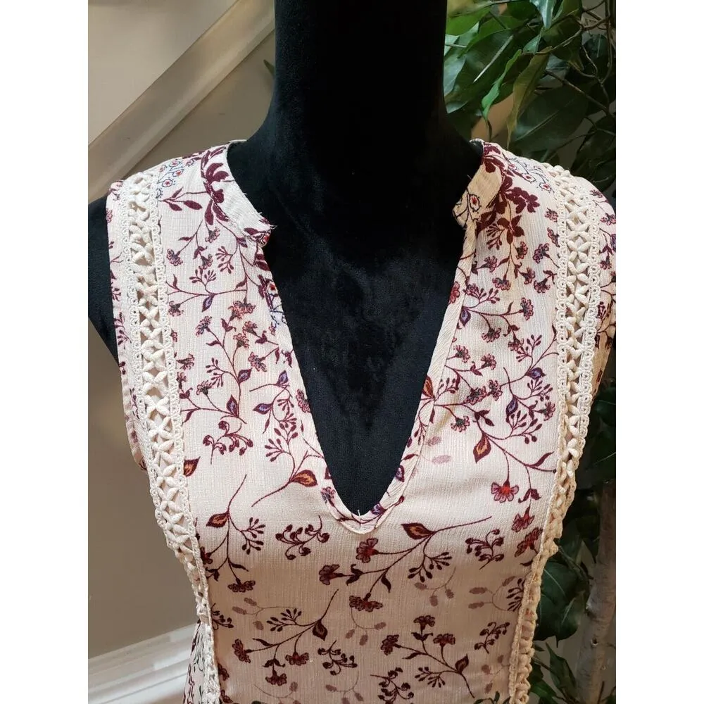 Womens Beige Floral Pleated Lace Trim V Neck Sleeveless Knee Length Dress Medium - Image 5