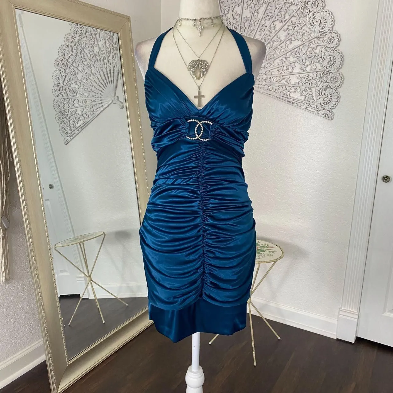 Cobalt Blue Shiny Satin Rhinestone Early 2000's Vampy Bratty Party Mini Dress S - Image 2