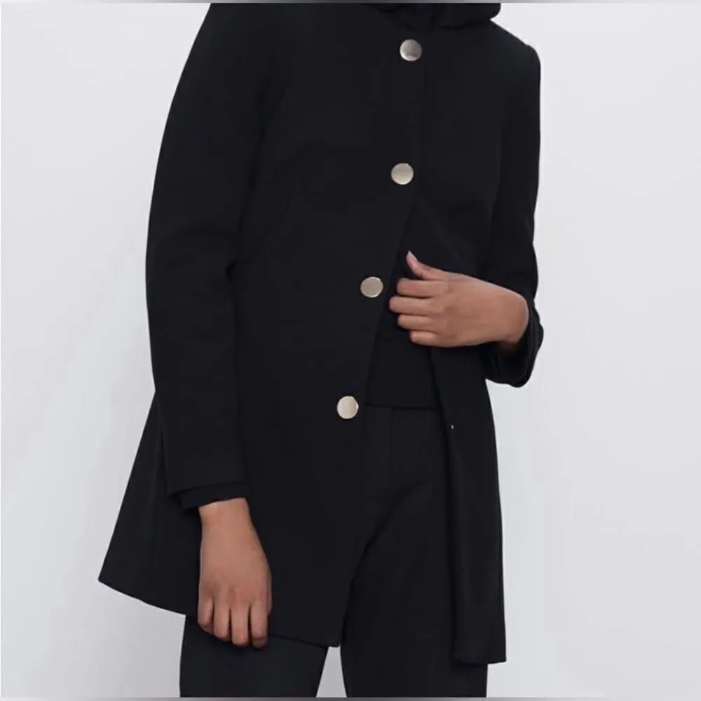 Zara black frock coat collarless blazer with gold buttons sz small - Image 7