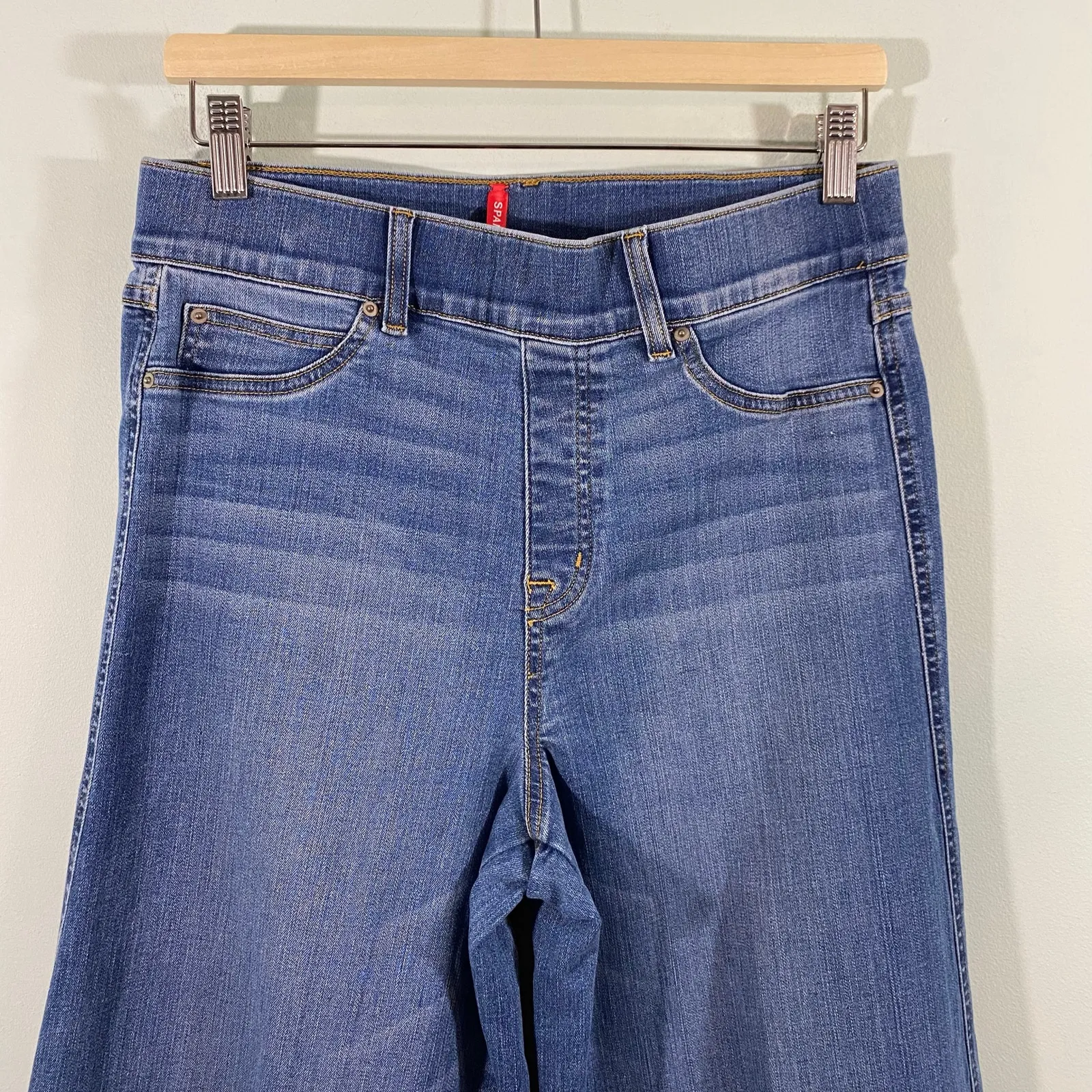 Spanx Women Blue Medium Wash Seam Front Wide Leg Pull On Pants Size L - Image 2