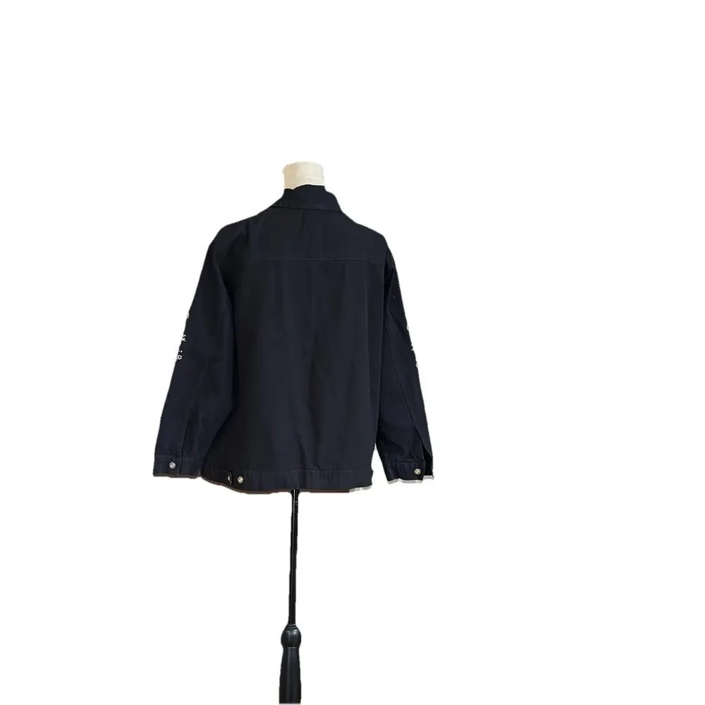 Quacker factory rhinestone butterfly bomber jean jacket black Sz 1X soft sparkly - Image 4